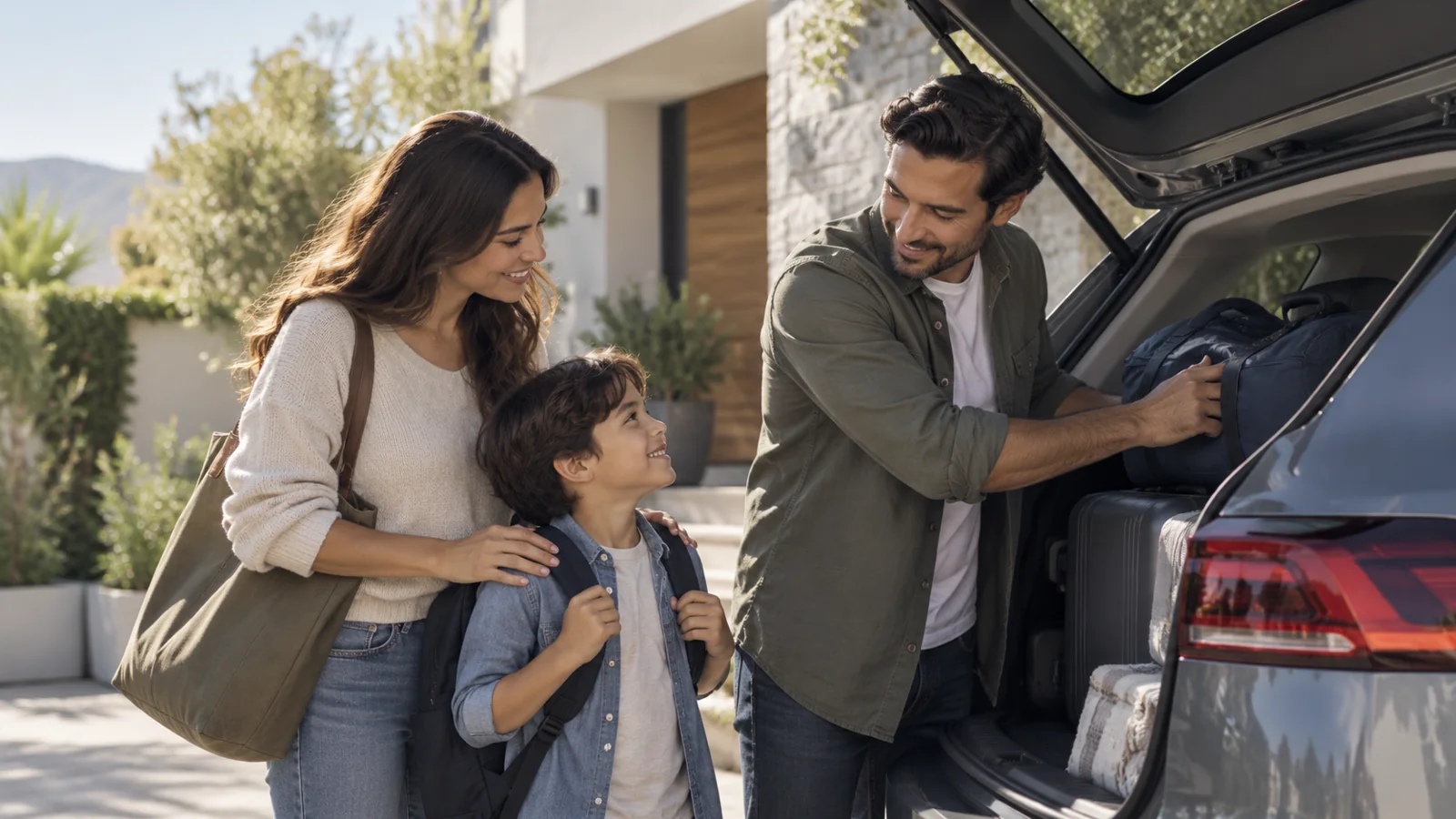 Familia junto a su auto antes de un viaje